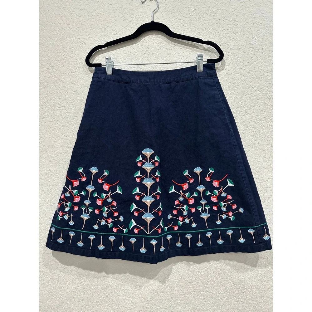 Boden Navy Blue Floral Embroidered Linen Cotton A-Line Skirt Petite 6P Boho